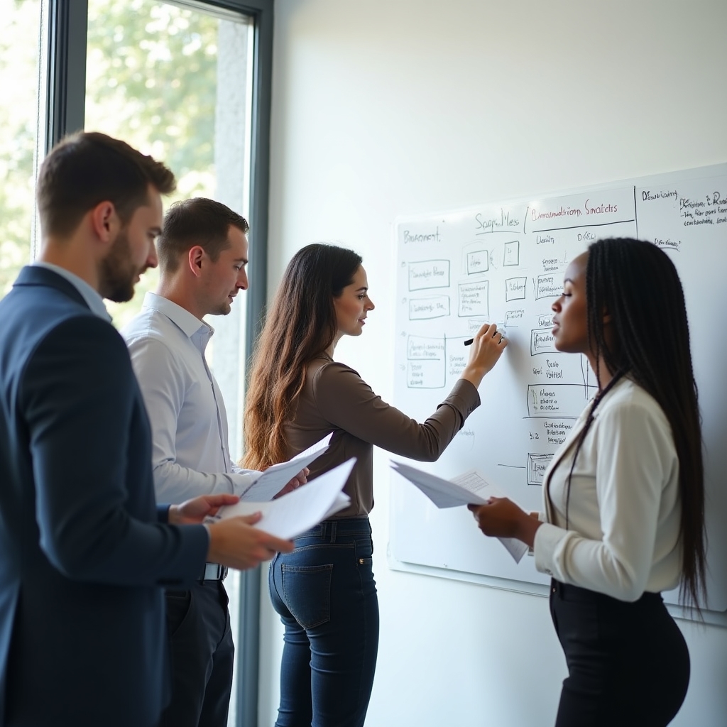 Professionals clarifying project scope on a whiteboard in a bright conference room