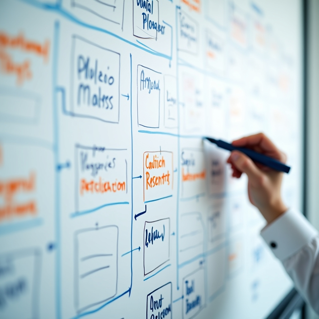 Close-up of a whiteboard covered in structured project planning notes and diagrams