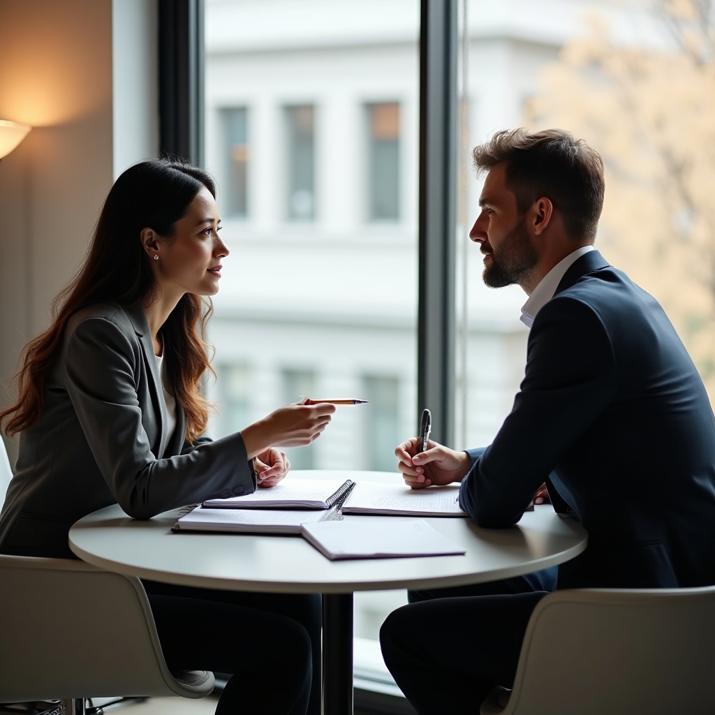 Two professionals in thoughtful discussion at a conference table