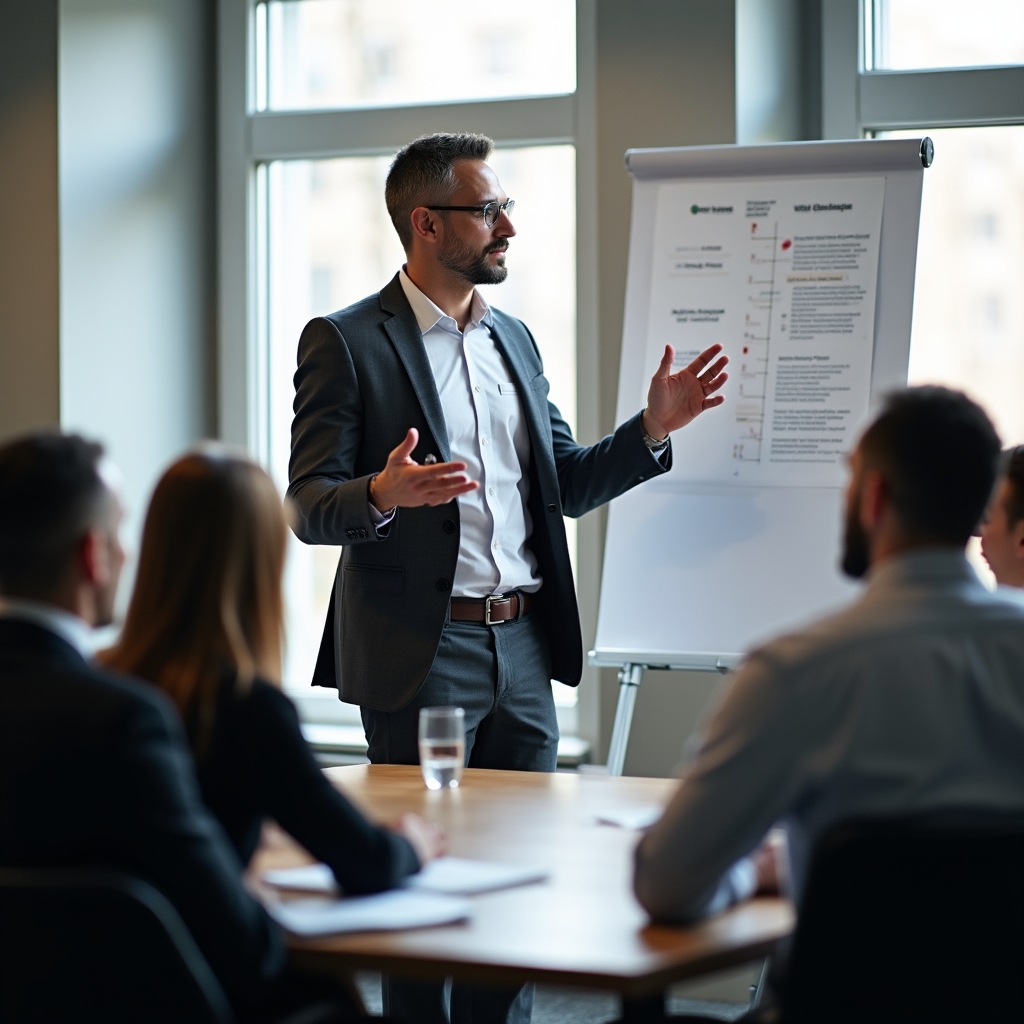 Instructor presenting a project framework to a small professional group