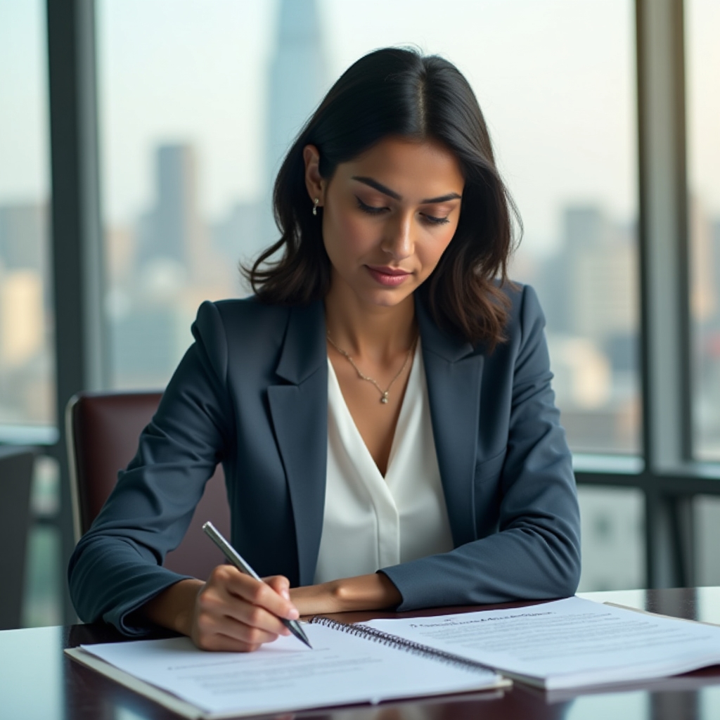 Professional calmly planning a project at a modern desk
