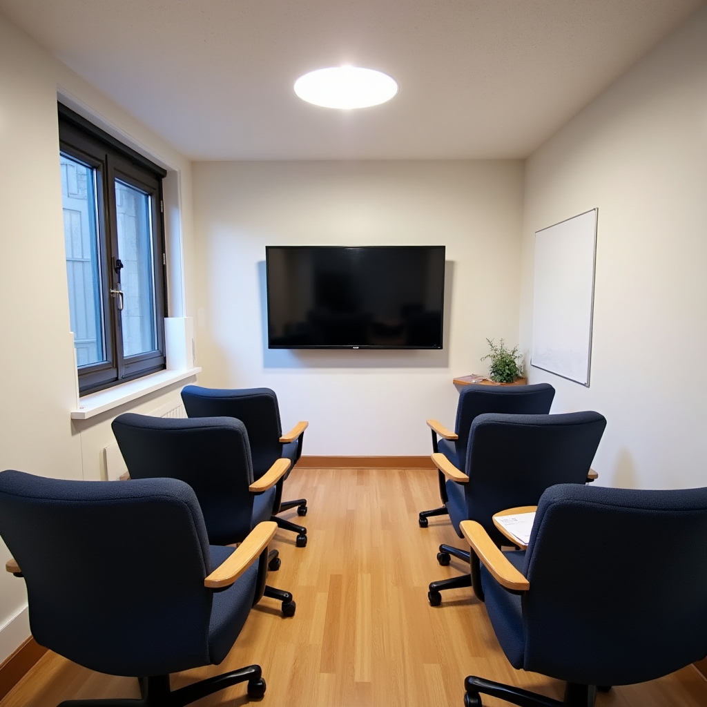 Training room configured for a small workshop with chairs arranged around a central table